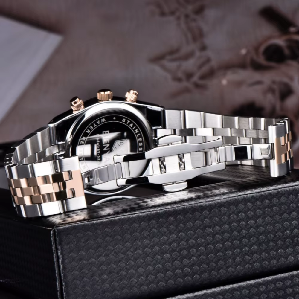 Benyar BY-5225M chronograph watch folding clasp closeup on stainless steel bracelet