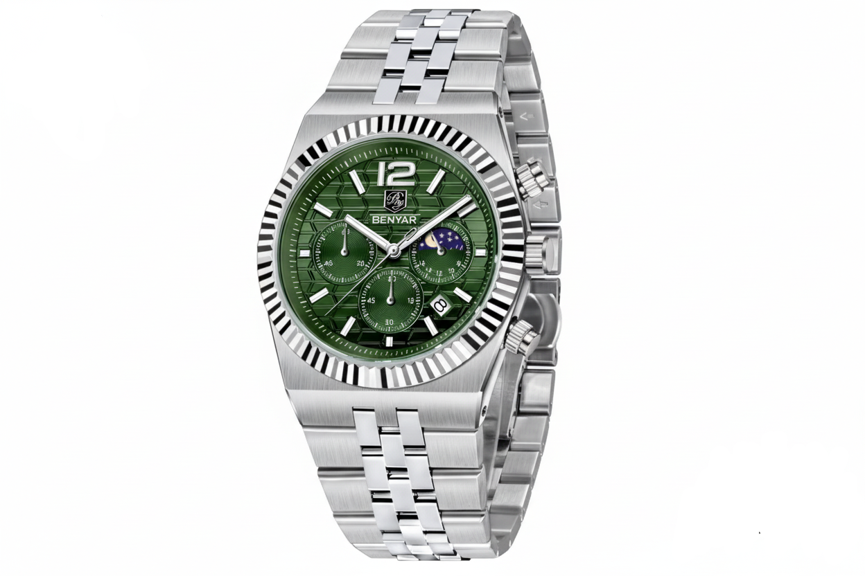 BENYAR BY-5225M 40MM Honeycomb Pattern Dial Men's Chronograph Quartz Watch with green dial