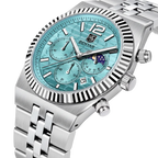 BENYAR BY-5225M chronograph quartz watch with sky blue honeycomb dial and steel bracelet angled view