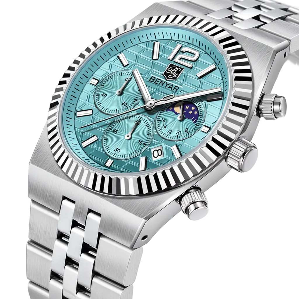 BENYAR BY-5225M chronograph quartz watch with sky blue honeycomb dial and steel bracelet angled view