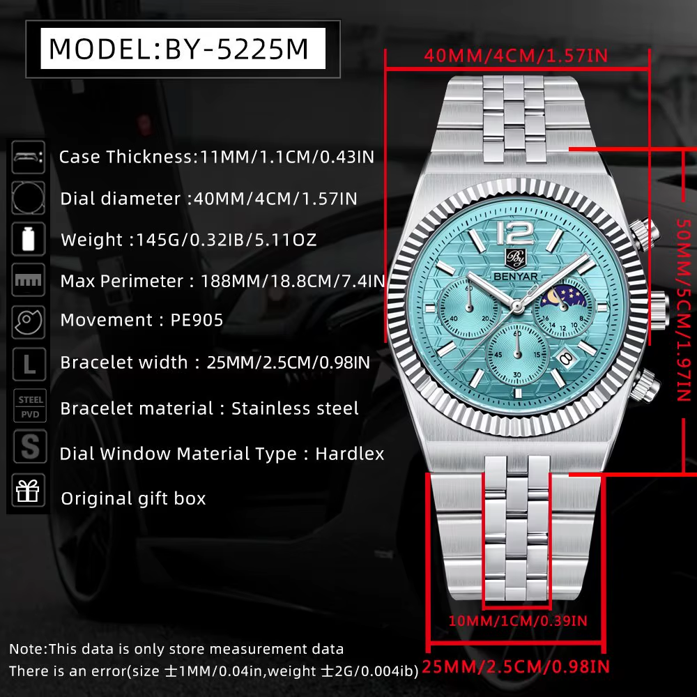 BENYAR BY-5225M chronograph quartz watch specifications graphic with dimensions and movement details