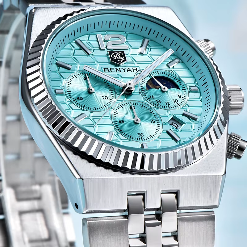 Benyar BY-5225M chronograph quartz watch with sky blue dial and fluted bezel, side angle