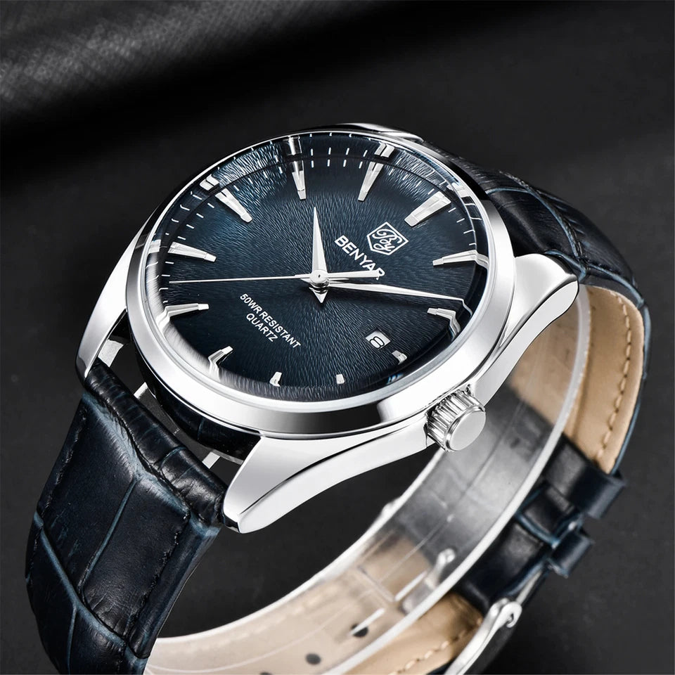 Benyar BY-5163 men's luxury quartz watch with blue dial and leather strap angled view