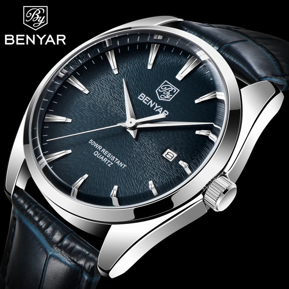 Benyar BY-5163 men's luxury quartz watch with blue dial and leather strap on dark background