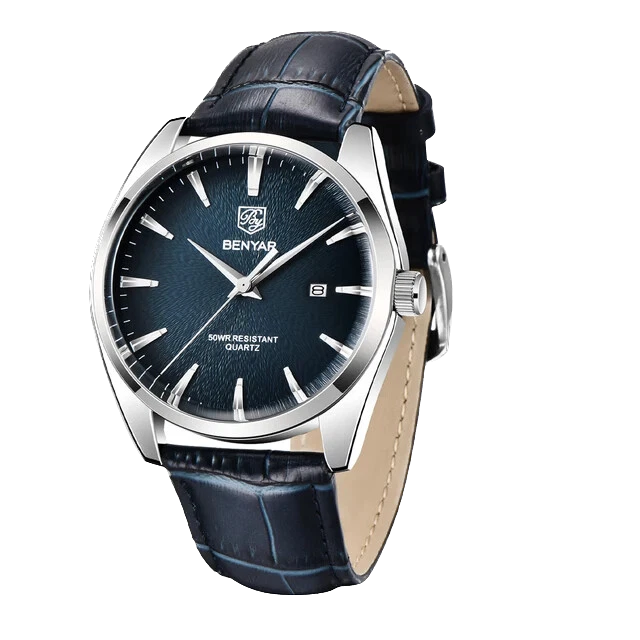 Benyar BY-5163 men's luxury quartz watch with blue dial, silver case and blue leather strap