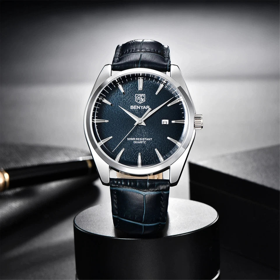 Benyar BY-5163 men's luxury quartz watch with blue dial and leather strap on display stand