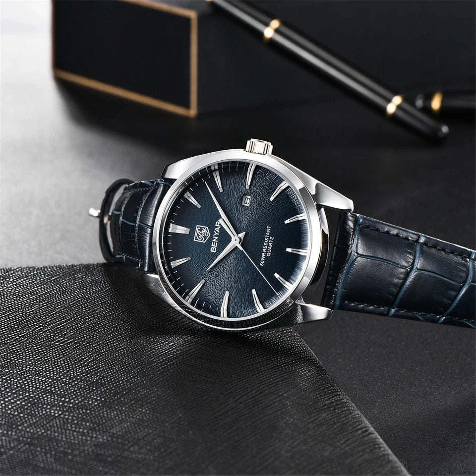 Benyar BY-5163 men's luxury quartz watch with blue dial and leather strap on textured surface