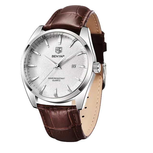 Benyar BY-5163 men's luxury quartz watch with white dial, silver case and brown leather strap