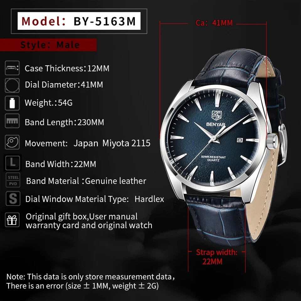 Benyar BY-5163M men's luxury quartz watch specification diagram with case dimensions and features