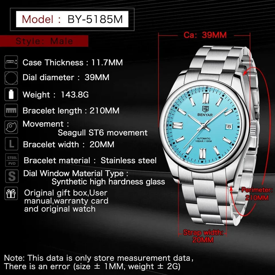 Benyar BY-5185 blue dial automatic watch specification diagram with case dimensions