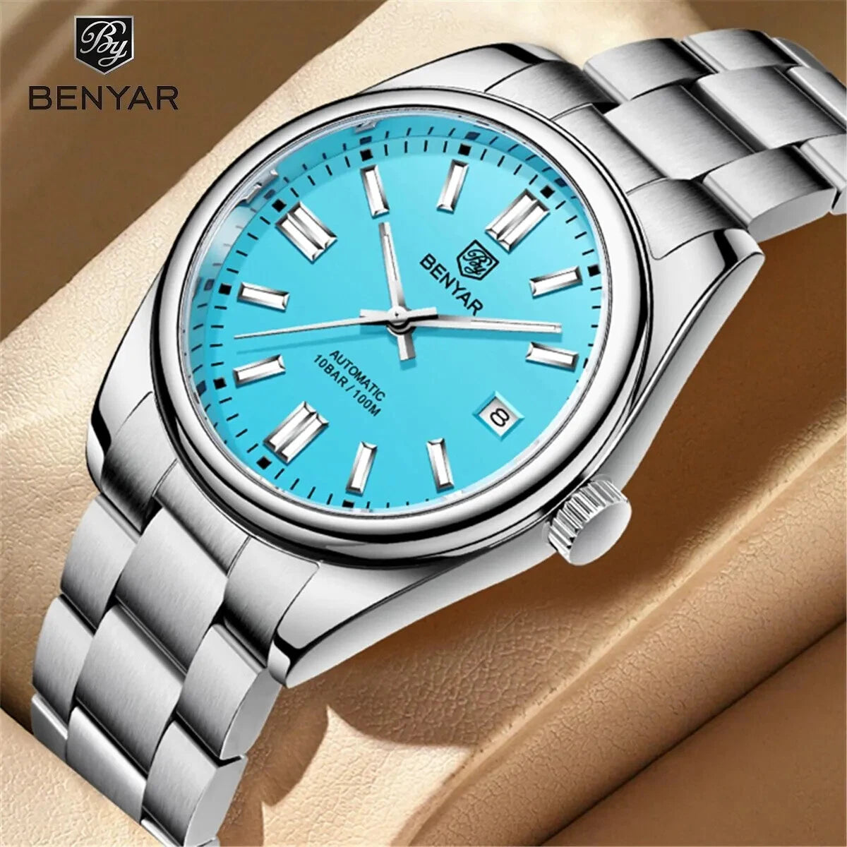 Benyar BY-5185 men's luxury automatic watch with blue dial on brown background