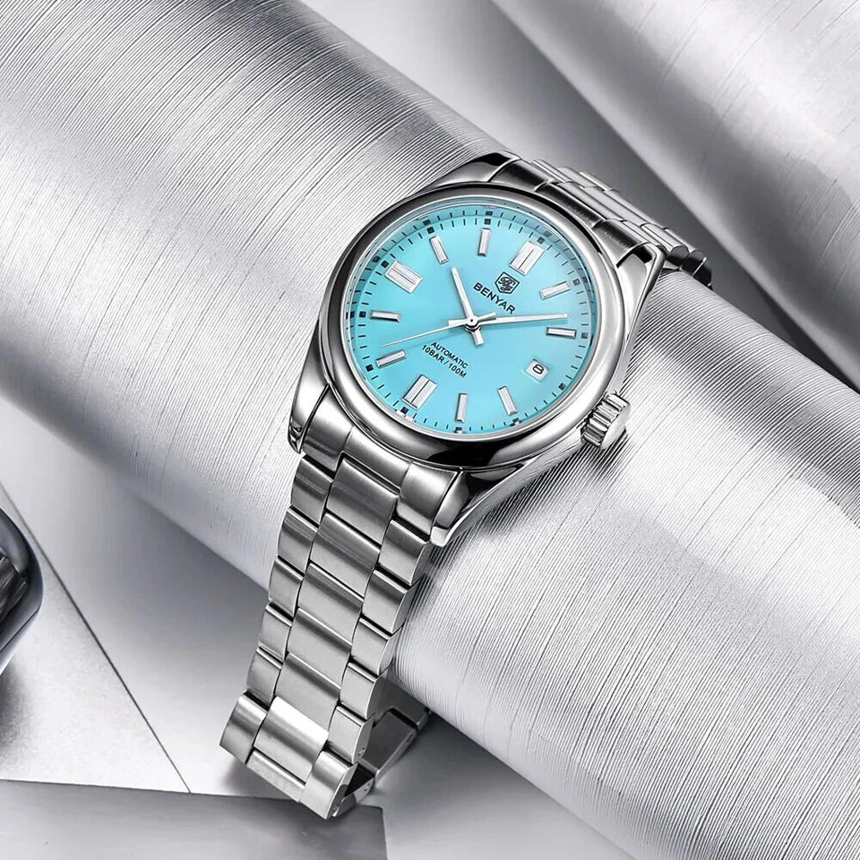 Benyar BY-5185 men's luxury automatic watch with blue dial on metallic surface