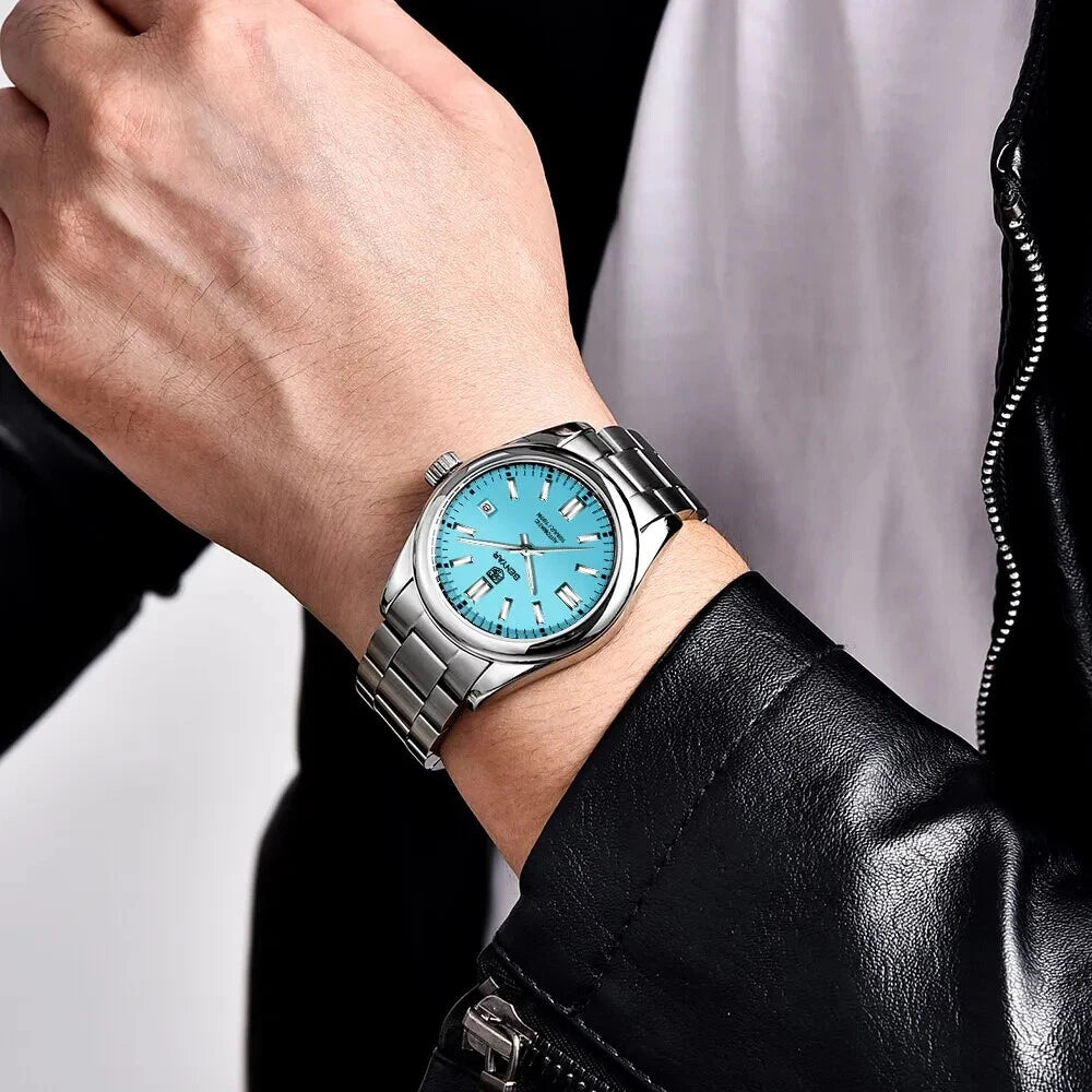 Benyar BY-5185 men's luxury automatic watch with blue dial worn on wrist