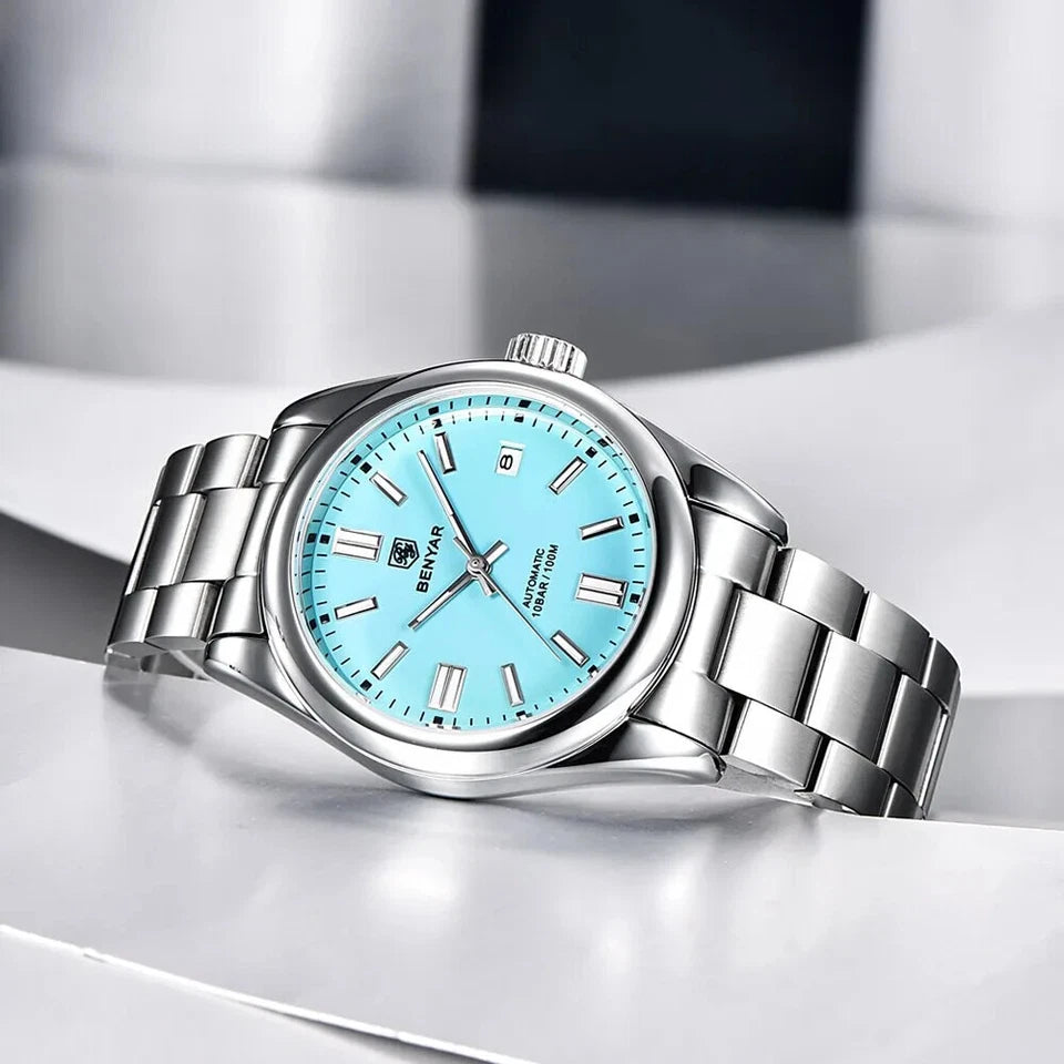 Benyar BY-5185 men's luxury automatic watch with sky blue dial on reflective surface