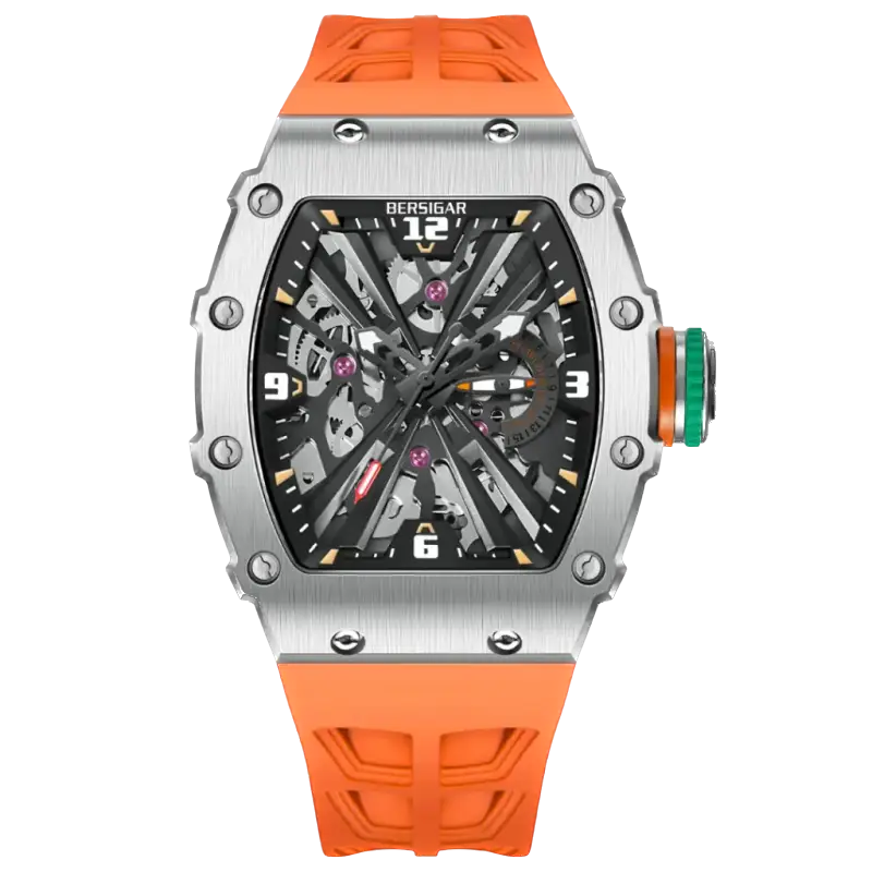 Watch with orange strap and silver case on a white background