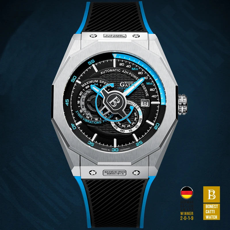 Bonest Gatti BG8601 silver and blue automatic sapphire watch with German Design Award 2019 badge