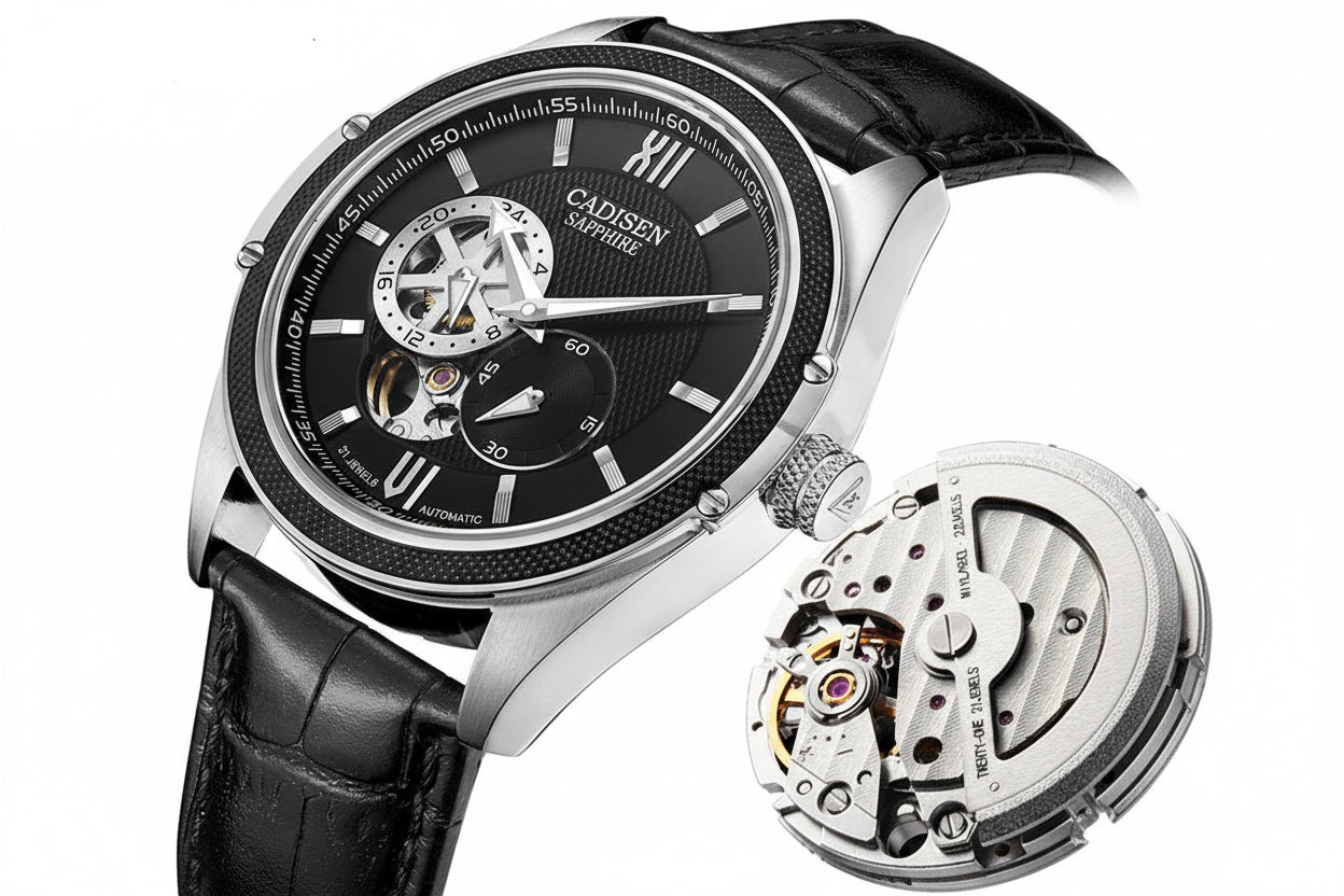 CADISEN C8102 Men's Automatic Skeleton Watch - Leather, angled view