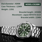 CADISEN C8198M Olive Green Palm Motif Dial, caseback view