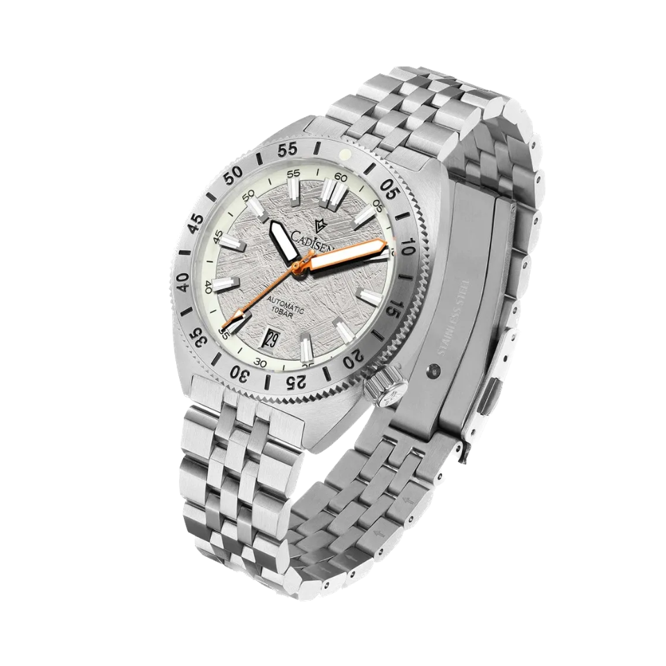 CADISEN C8231 Automatic Meteorite Dial with silver dial, angled view