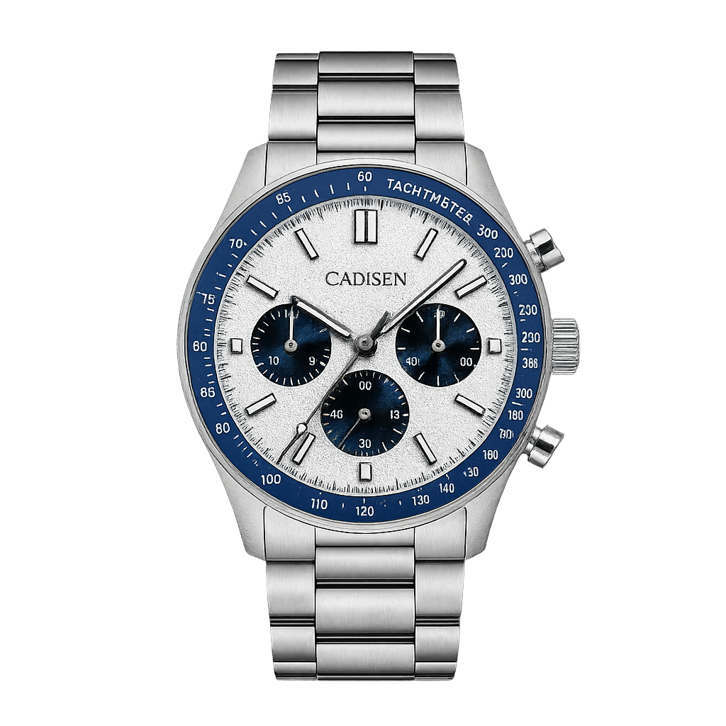 CADISEN C7063 chronograph watch featuring white dial with blue tachymeter bezel and blue subdials, silver stainless steel bracelet