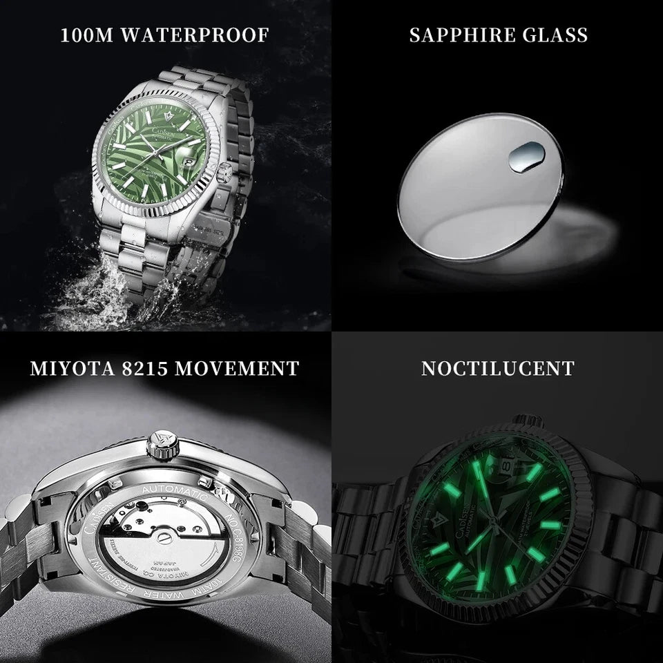 Collage of CADISEN C8198M features showing 100M waterproof green dial watch, sapphire crystal glass, Miyota 8215 movement case back, and noctilucent luminous dial