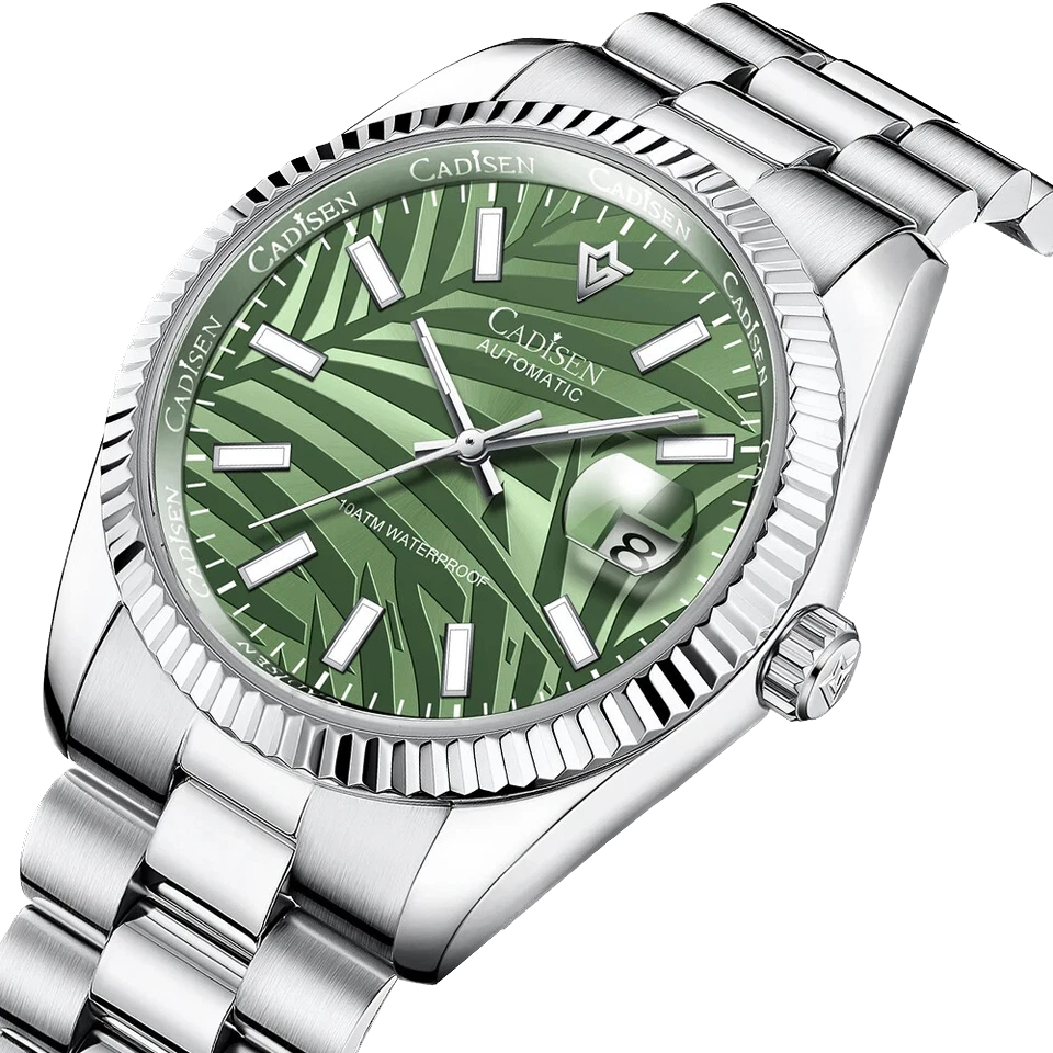 CADISEN C8198M watch angled view with green palm motif dial, fluted bezel and stainless steel bracelet