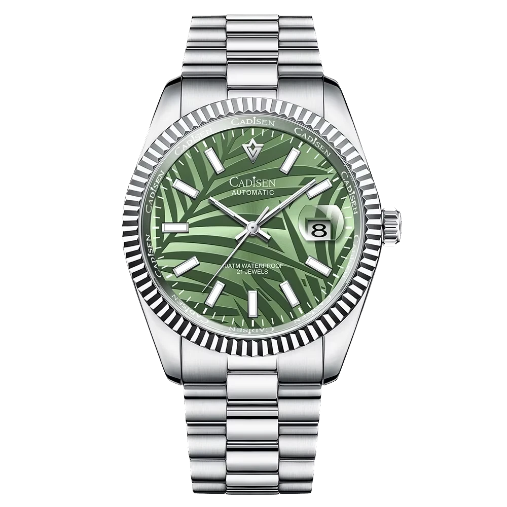 CADISEN C8198M men's mechanical watch with olive green palm motif dial and stainless steel bracelet, presidential style