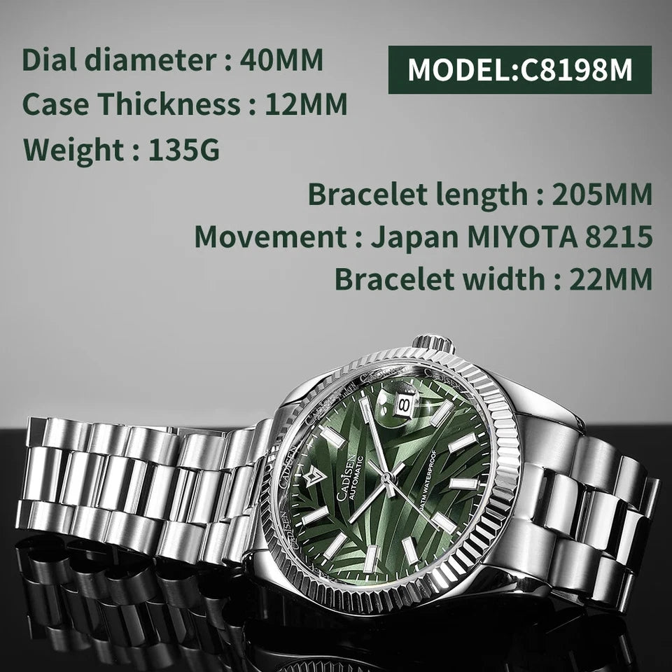 CADISEN C8198M watch with green dial displayed on reflective surface with specifications including 40mm dial diameter, 12mm thickness and 135g weight