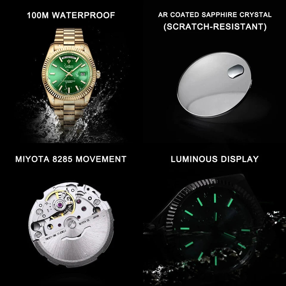 Features collage of CADISEN C8214 watch showing 100M waterproof performance with green dial, AR coated sapphire crystal glass, Miyota 8285 movement, and luminous display