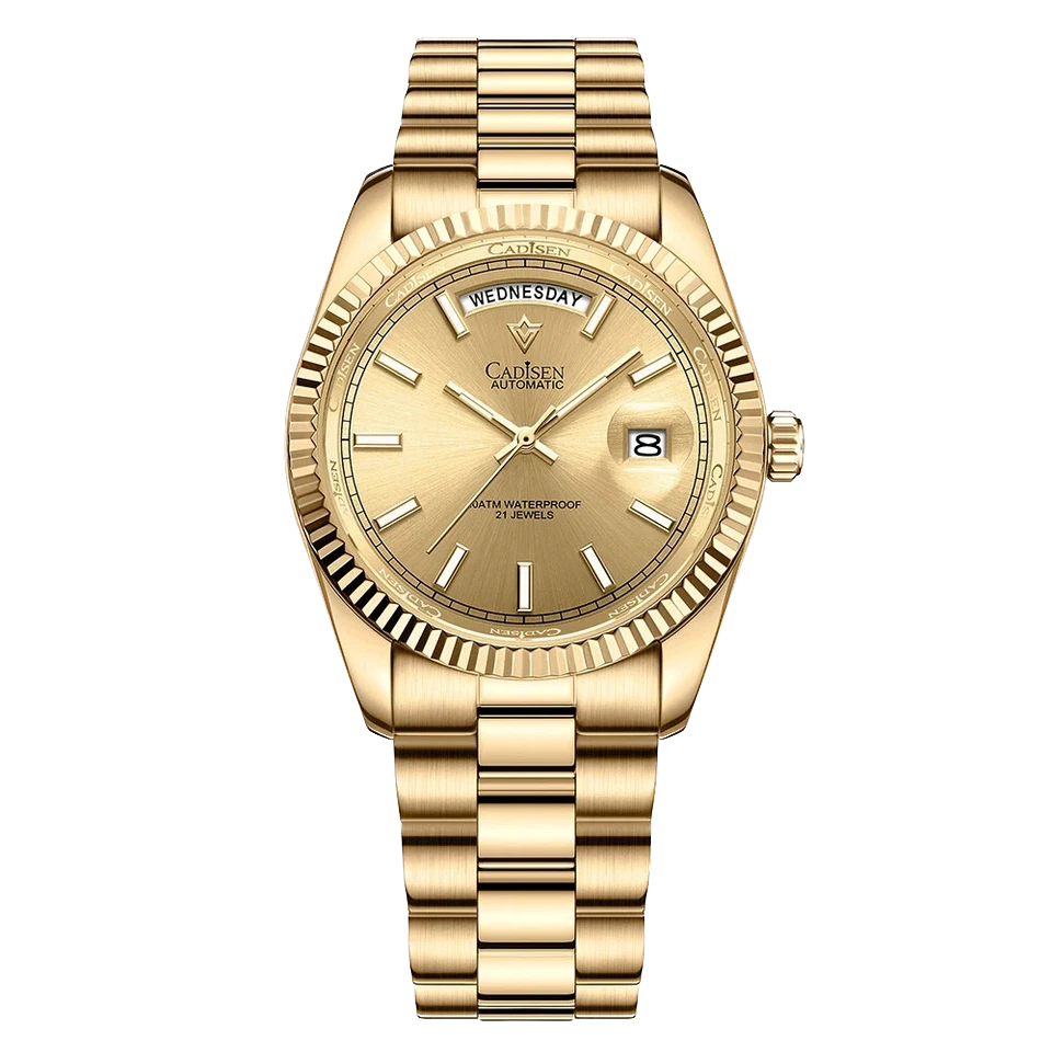 CADISEN C8214 men's watch with champagne gold dial, gold stainless steel case and bracelet, featuring day-date display