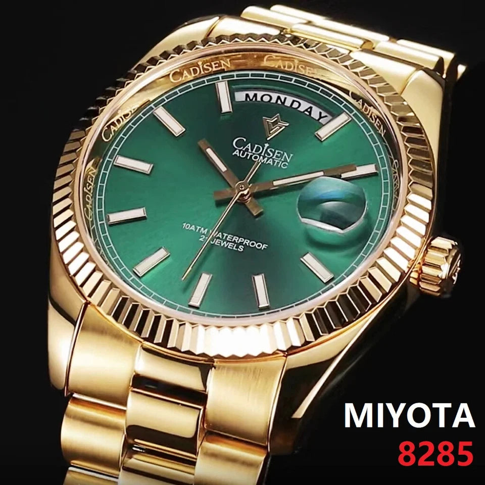 Close-up of CADISEN C8214 watch in gold with green dial, showcasing Miyota 8285 movement text on black background