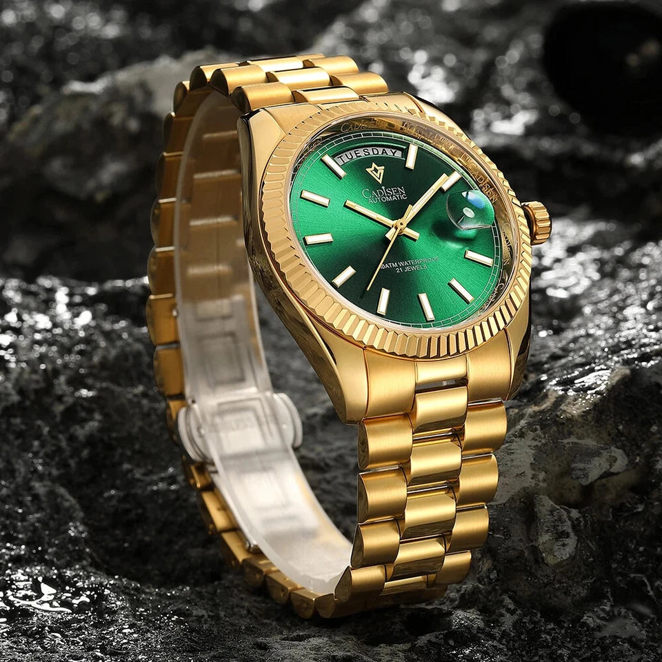 CADISEN C8214 gold men's watch with green dial and day-date display on dark textured background