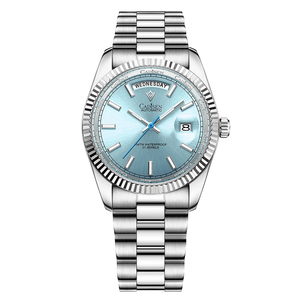 CADISEN C8214 men's watch featuring light blue dial with day-date display, stainless steel case and bracelet
