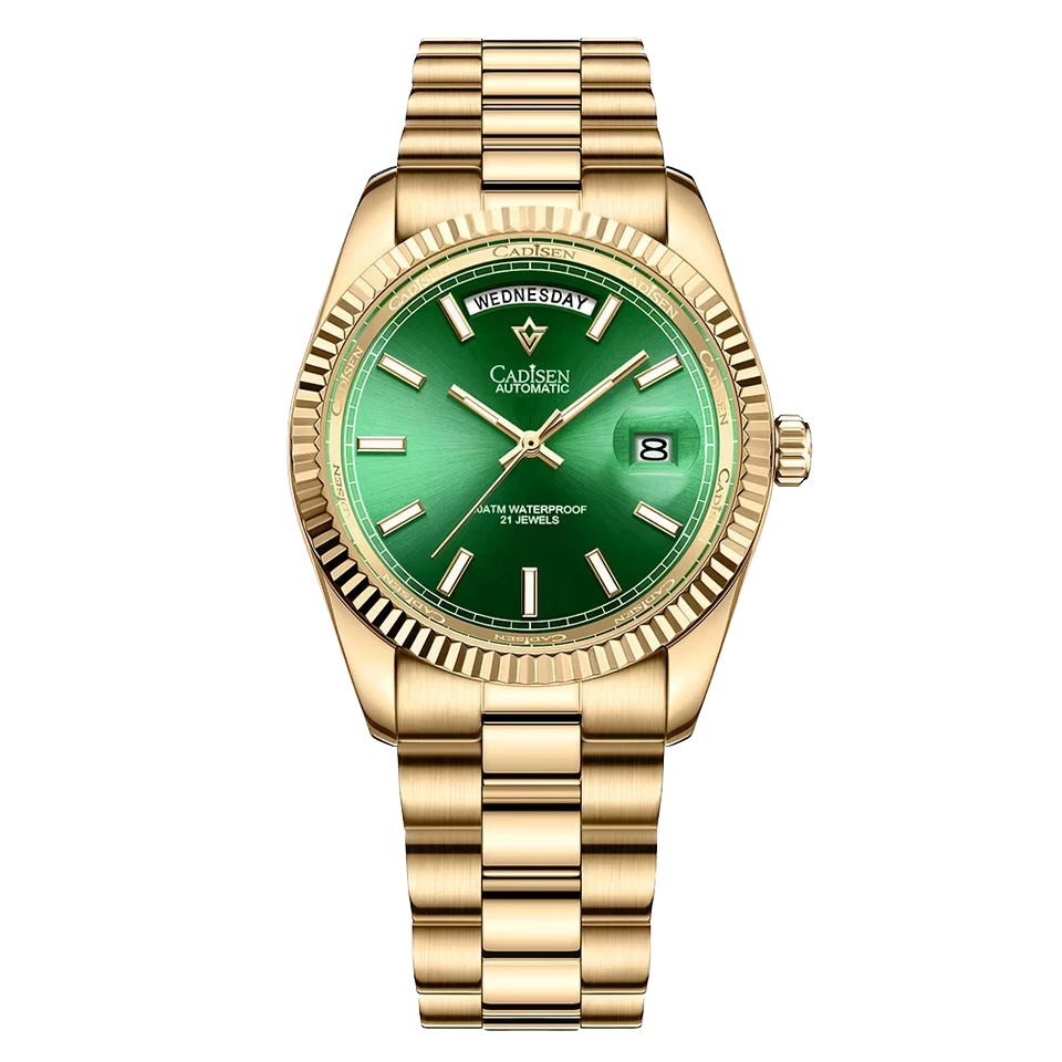 CADISEN C8214 automatic men's watch featuring green dial with day-date display, gold stainless steel case and oyster bracelet