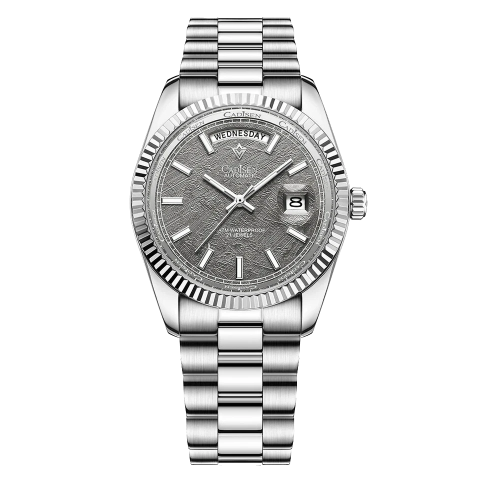 CADISEN C8214 men's watch featuring textured silver dial with day-date display, stainless steel case and bracelet