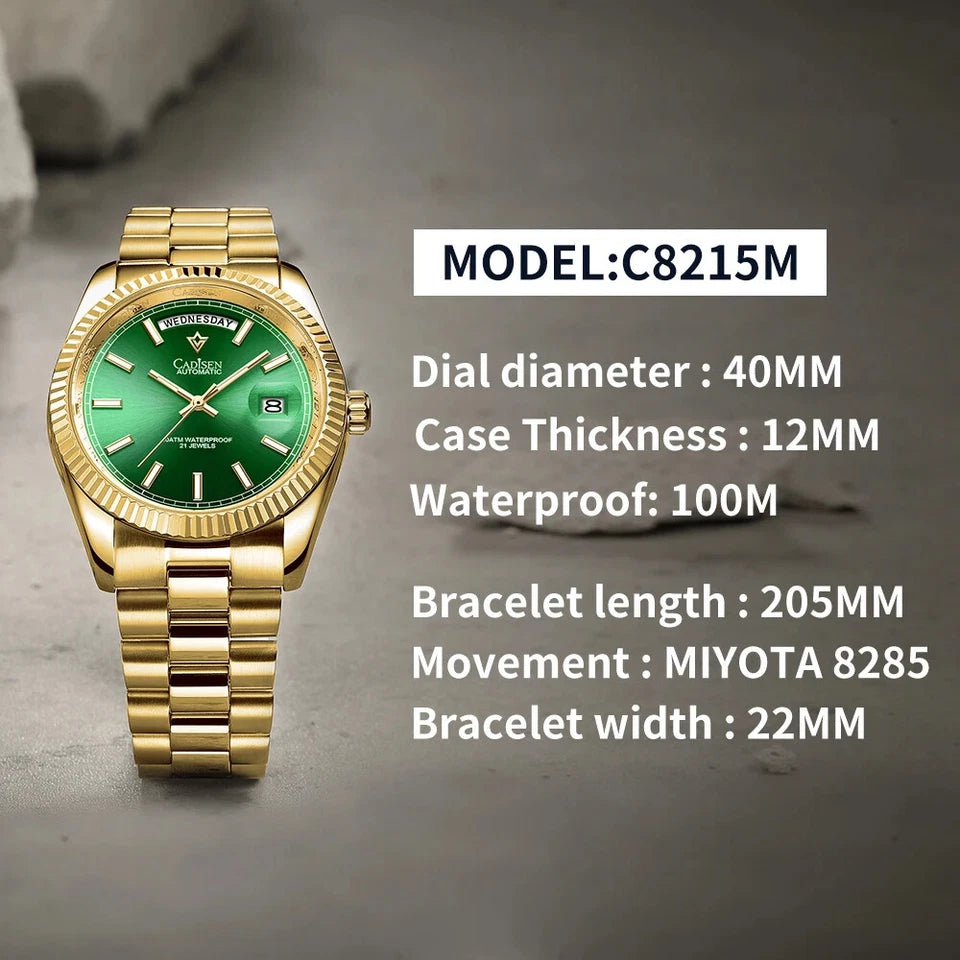 Specification graphic for CADISEN C8214 watch in gold with green dial, detailing model C8215M features such as 40mm dial diameter, 12mm thickness, 100M waterproof, MIYOTA 8285 movement, and bracelet dimensions