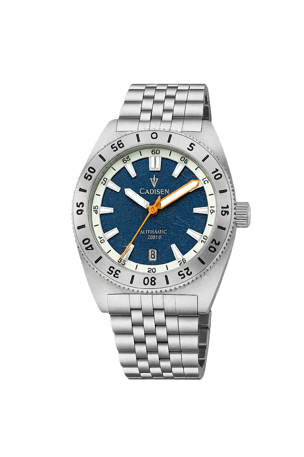 CADISEN C8231 automatic watch with blue meteorite dial and orange second hand, silver stainless steel case and bracelet
