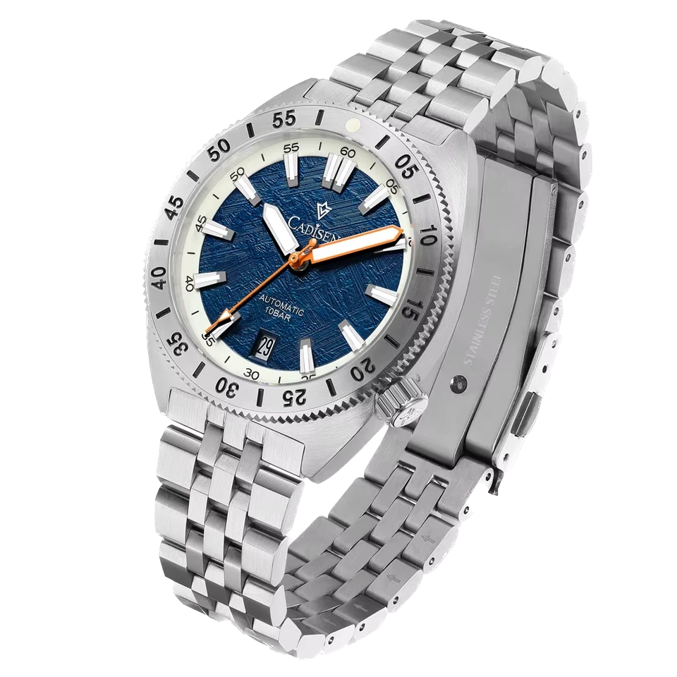 CADISEN C8231 automatic watch with blue meteorite dial and orange second hand, silver stainless steel case and bracelet on transparent background