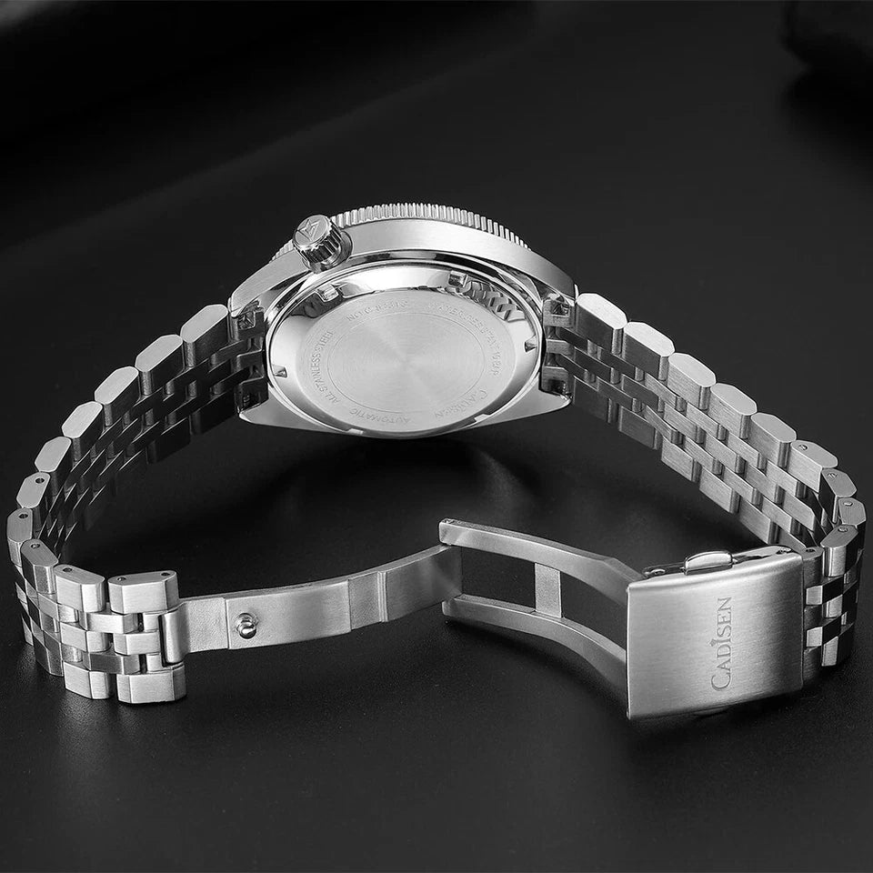 CADISEN C8231 stainless steel watch showing case back and metal bracelet with open deployant clasp on black background