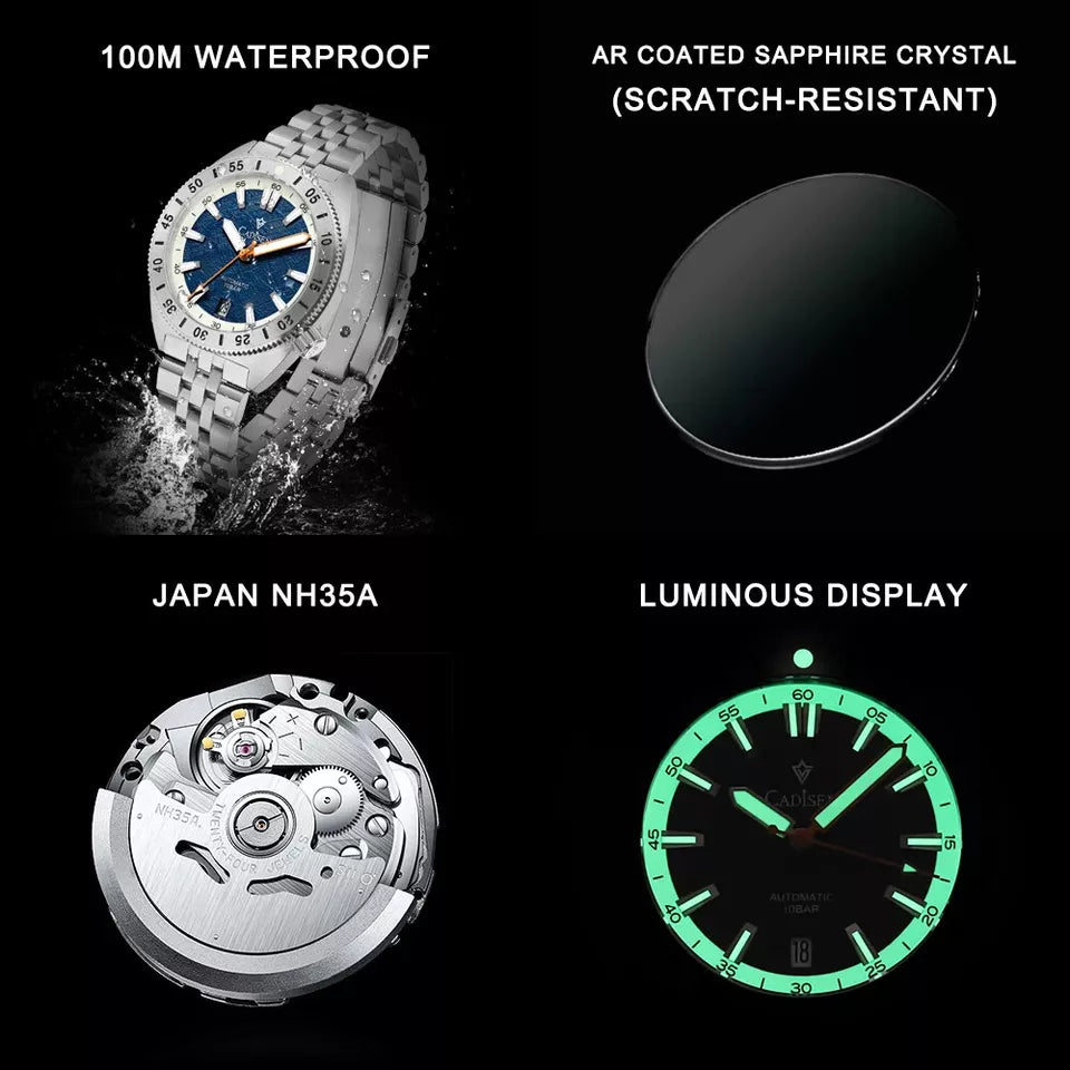 Collage of CADISEN C8231 features showing 100M waterproof watch with blue dial, AR coated sapphire crystal, Japan NH35A movement and luminous display glowing green on black background