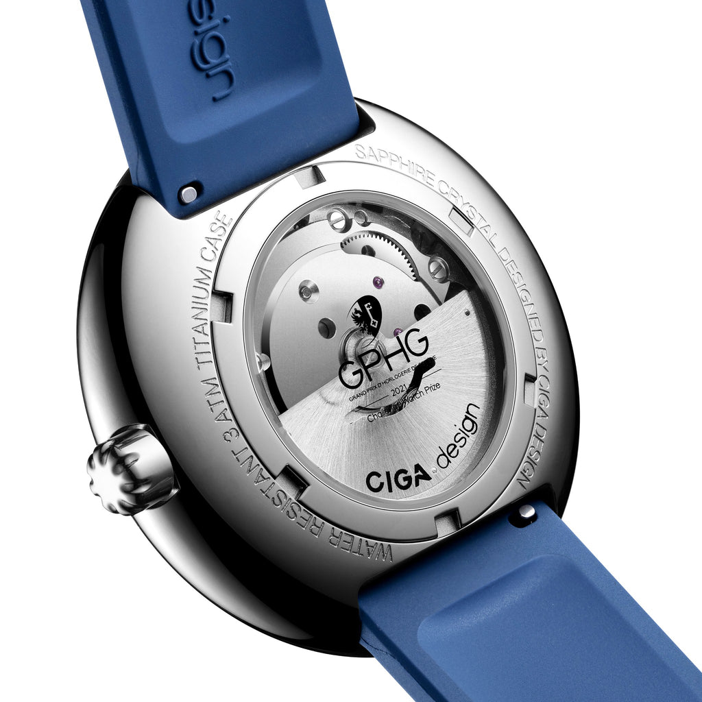 CIGA Design Blue Planet Atlantic Automatic Watch – caseback showing the automatic rotor