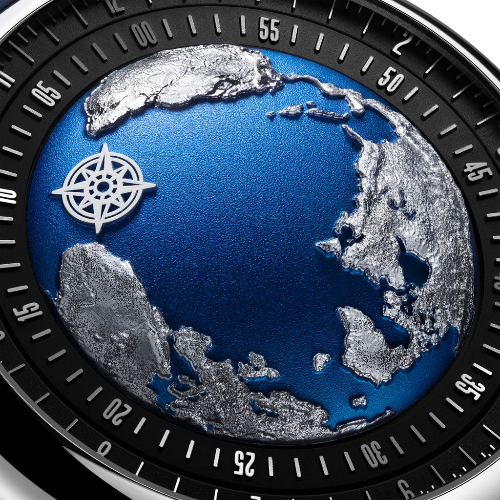 CIGA Design Blue Planet Atlantic Automatic Watch – macro of the engraved Atlantic dial with compass marker