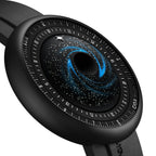 CIGA Design x Label Noir Blue Planet Black Star DLC Titanium Automatic Watch – angled view of the blue spiral galaxy dial