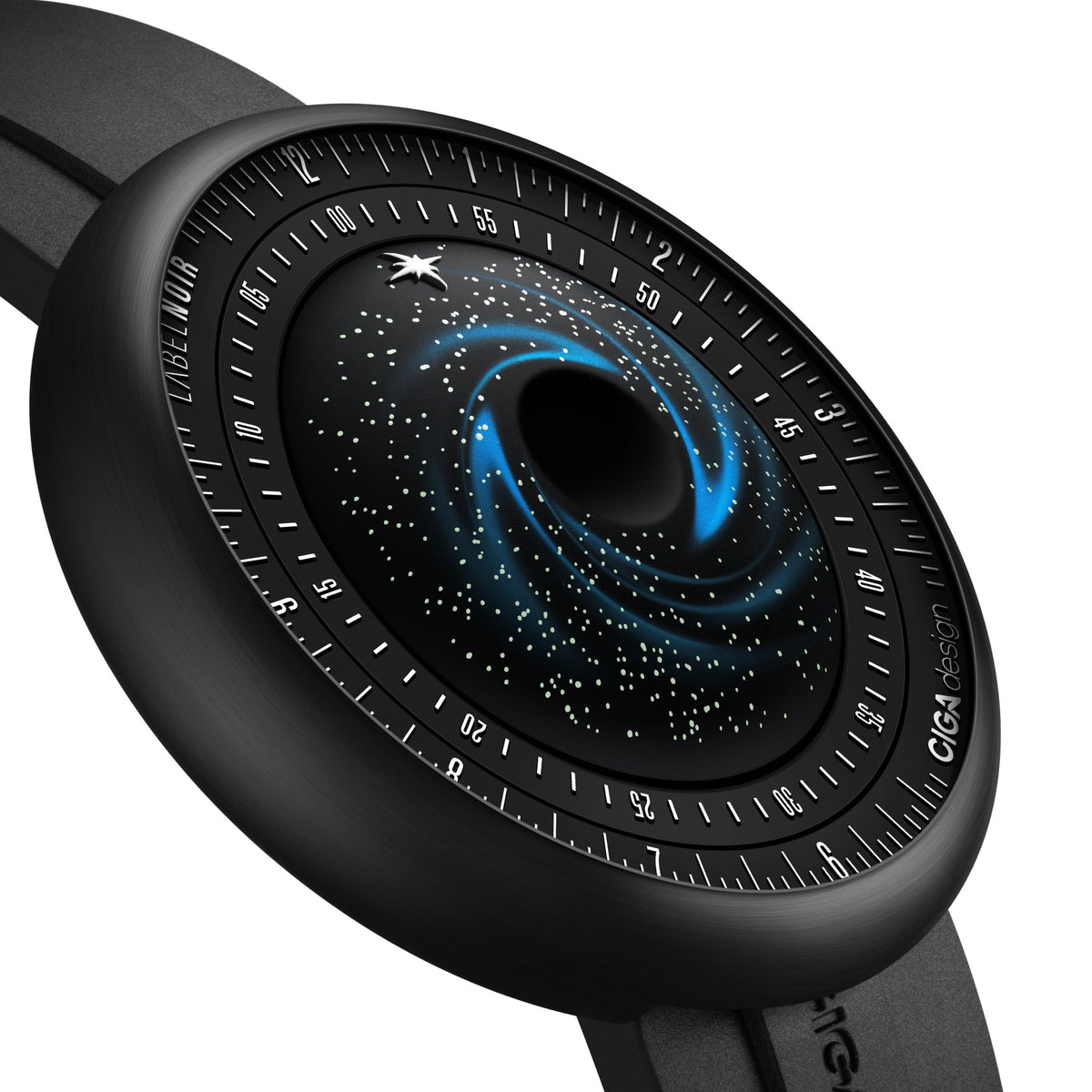CIGA Design x Label Noir Blue Planet Black Star DLC Titanium Automatic Watch – angled view of the blue spiral galaxy dial