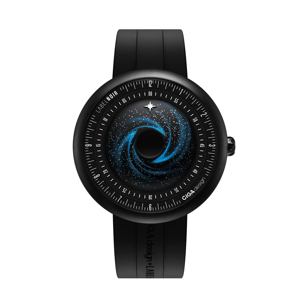 CIGA Design x Label Noir Blue Planet Black Star DLC Titanium Automatic Watch – front view of the black hole galaxy dial on black strap