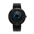 CIGA Design x Label Noir Blue Planet Black Star DLC Titanium Automatic Watch – front view of the black hole galaxy dial on black strap