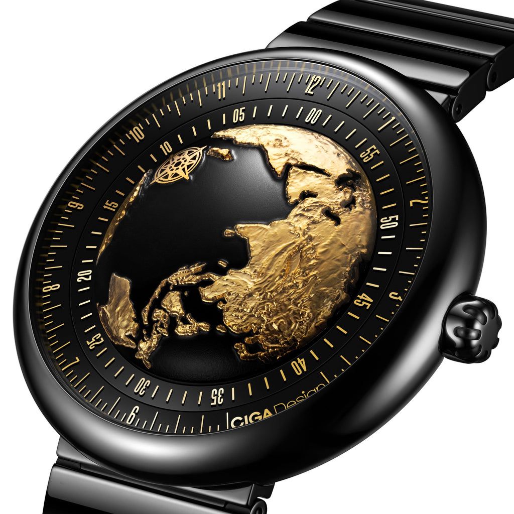 CIGA Design Blue Planet Gilded Age Black Ceramic Automatic Watch – angled view of the 24K gilded Earth dial