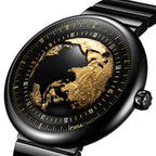 CIGA Design Blue Planet Gilded Age Black Ceramic Automatic Watch – angled view of the 24K gilded Earth dial