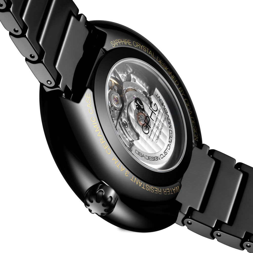 CIGA Design Blue Planet Gilded Age Black Ceramic Automatic Watch – caseback and ceramic bracelet