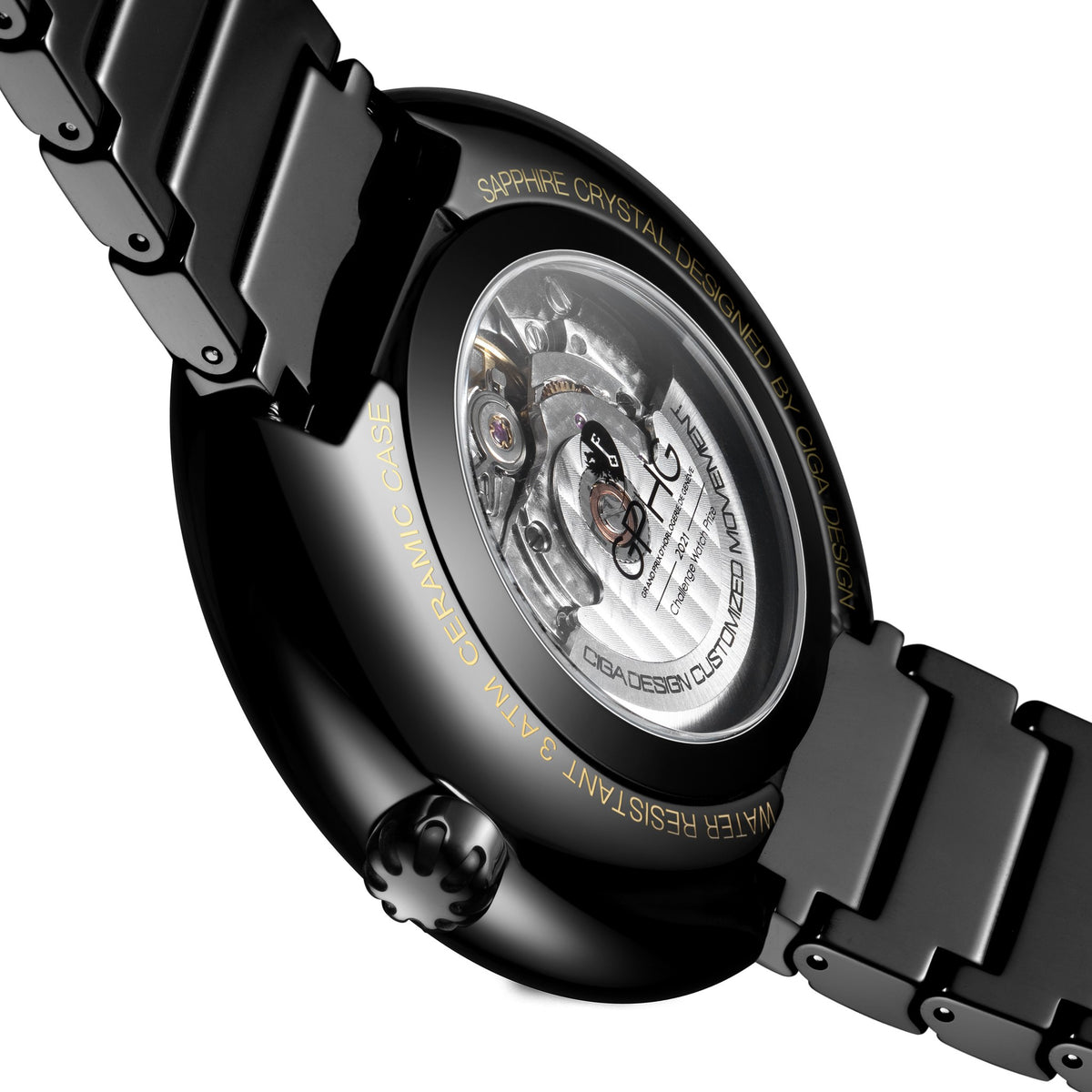 CIGA Design Blue Planet Gilded Age Black Ceramic Automatic Watch – caseback and ceramic bracelet